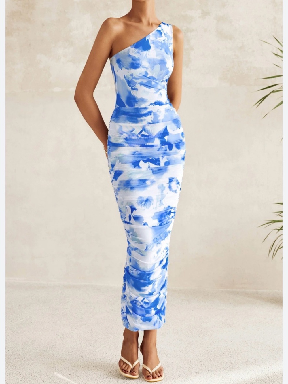 *LIKE NEW Blue Floral Tie-Dye One-Shoulder Ruched Dress